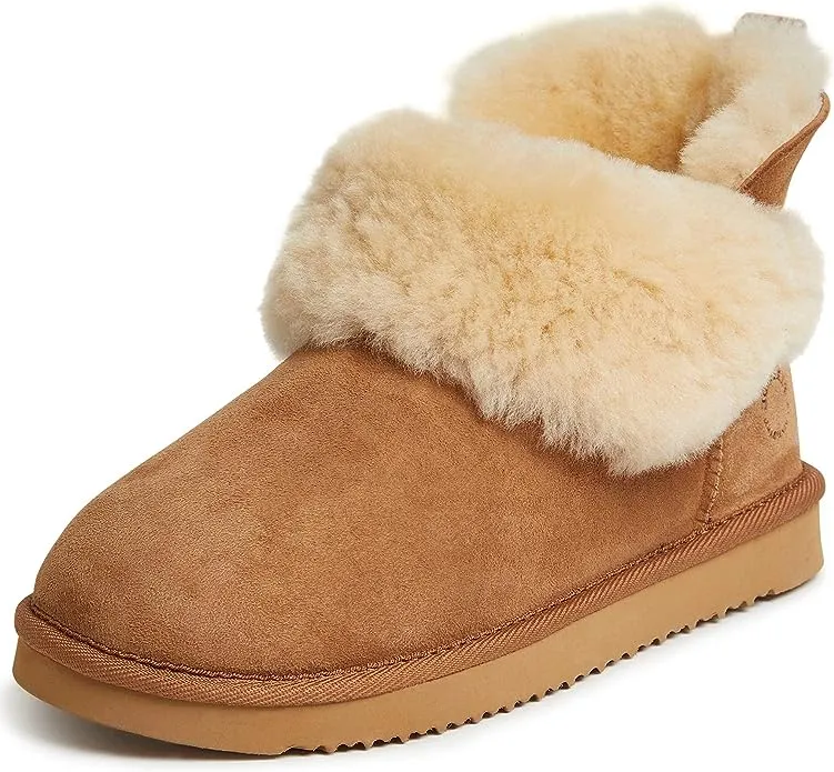 Dearfoams Women's Fireside Shearling Water Resistant Indoor/Outdoor Foldover Boot Slipper