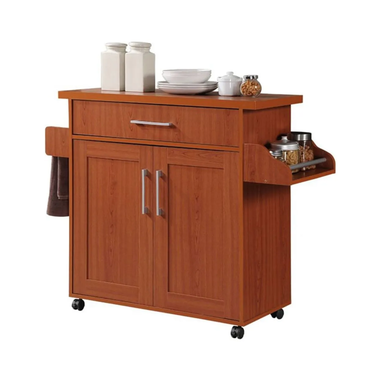 Cherry Kitchen Island with Spice Rack and Towel Holder