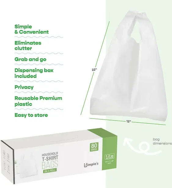 Simple's Plastic Bags with Handles For Small Business,(80 Count) Very Strong Shopping Bags, Grocery bags, plastic t-shirts bag, to go bags, Bag Dispenser Roll - Measures 12"x7"x22", 1.2 Mil Thickness