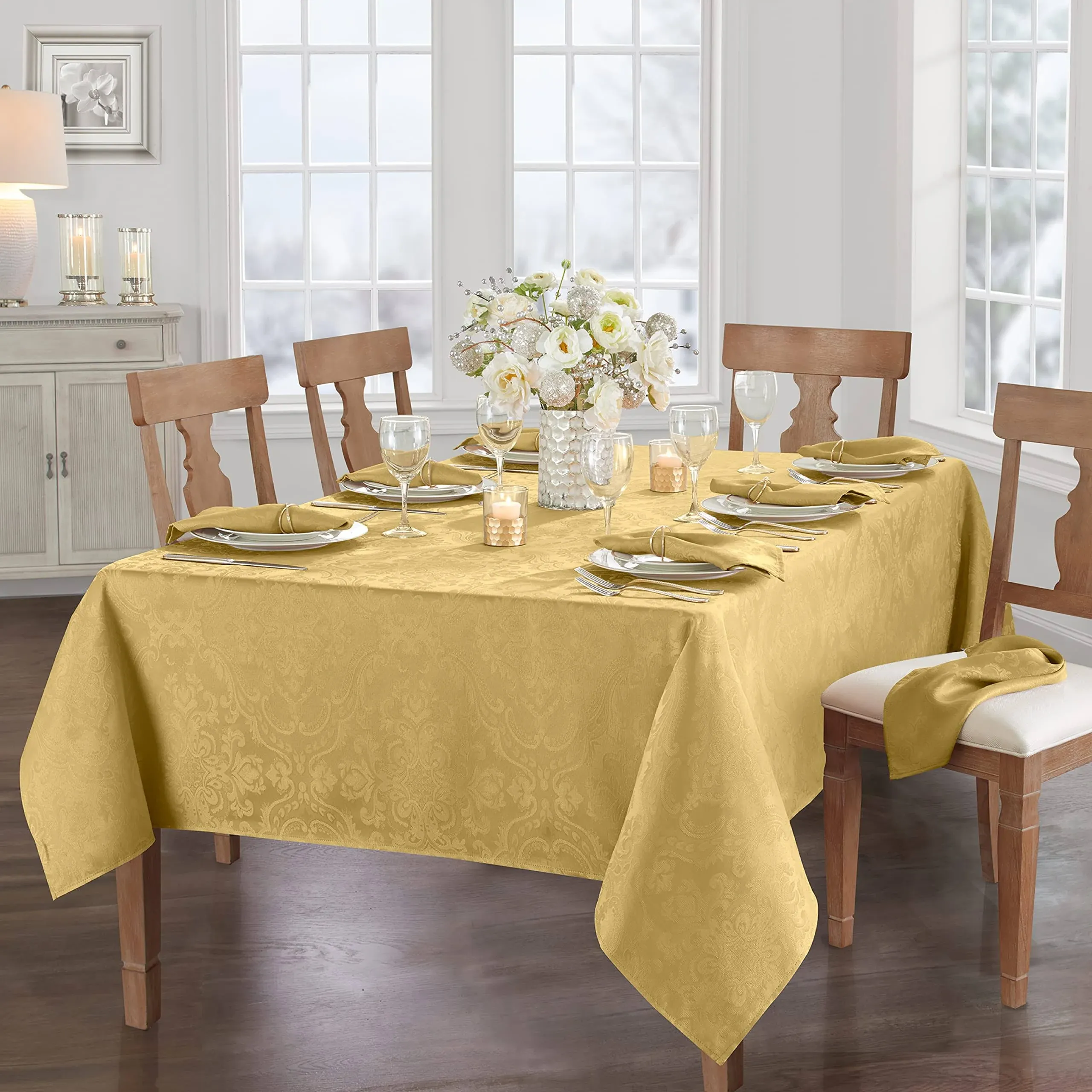 Elrene Home Fashions Caiden Elegance Damask Waterproof, Stain & Wrinkle Resistant Fabric Tablecloth, 60" x 84" Oblong/Rectangle, Gold