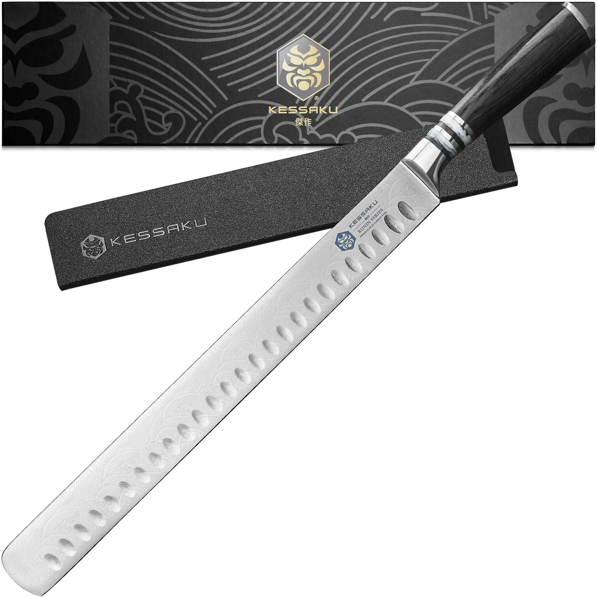 KESSAKU 12-Inch Slicing Carving Knife - Ronin Series - Granton Edge - Forged High Carbon 7Cr17MoV Stainless Steel - Pakkawood Handle with Blade Guard