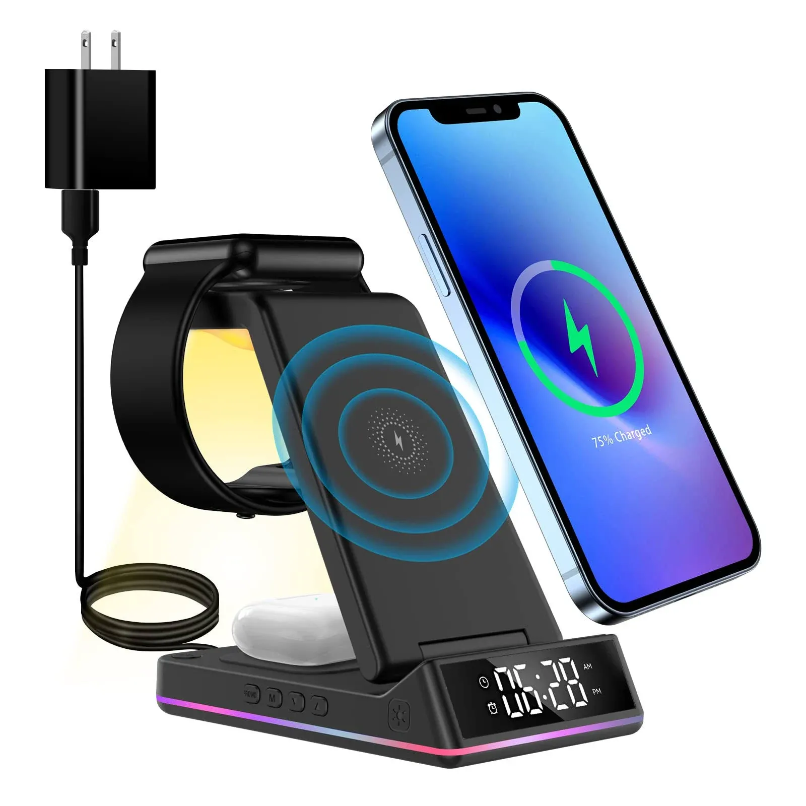 3 in 1 Wireless Charger Station Qi Fast Wireless Charging Dock with Clock and ...