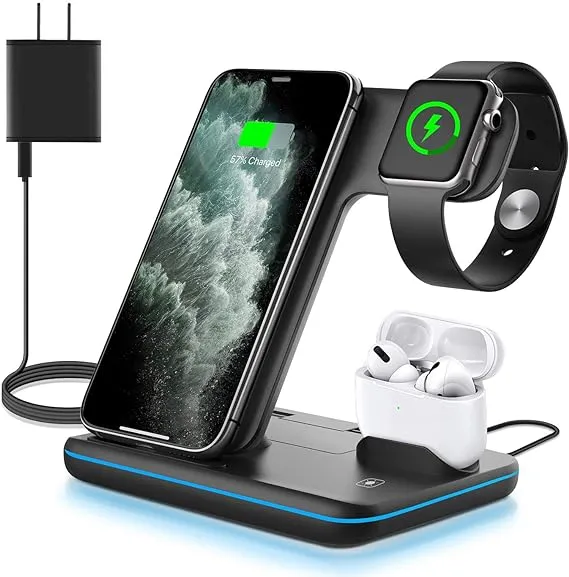 WAITIEE Wireless Charger 3 in 1, 15W Fast Charging Station for Apple Watch 9/8/Ultra/SE/7/6/5/4/3/2/1, for AirPods 3/2/1/Pro, for iPhone 15/14/13 /Pro/Pro Max/12/11/X/Xr/XS/8 (No Watch Charging Cable)