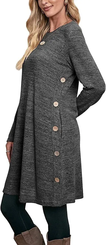 OFEEFAN Women's Winter Dresses Long Sleeve Dress with Pockets Buttons Side