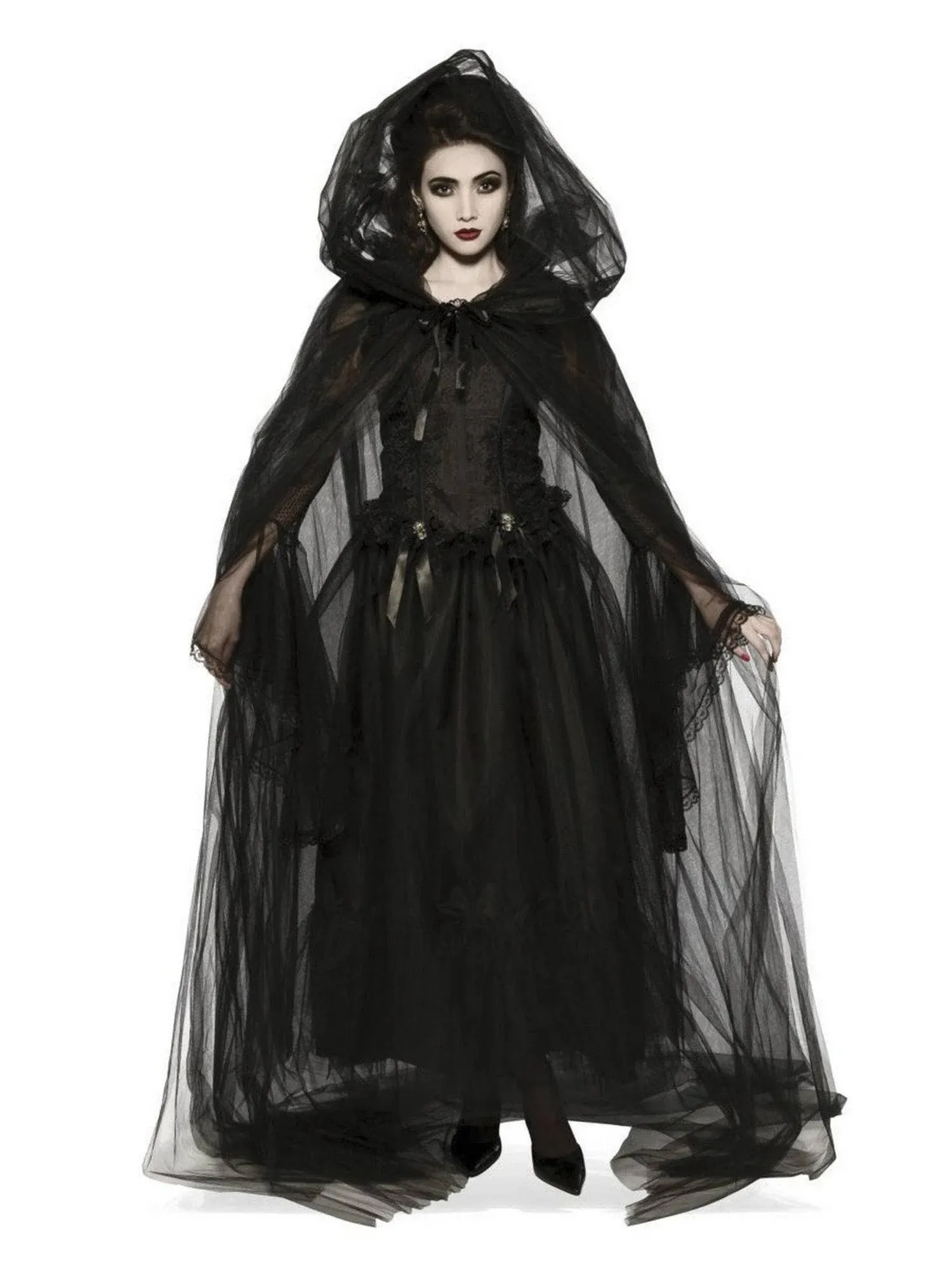 Black Hooded Cape Gothic Vampire Fancy Dress Halloween Adult Costume Accessory