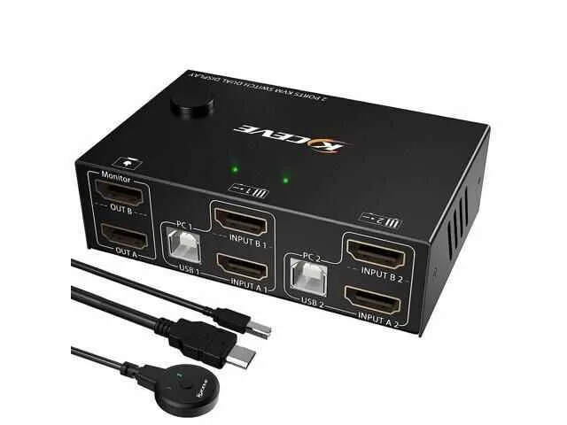 8K HDMI KVM Switch 2 Monitors 2 Computers Dual Monitor Support 8K@60Hz 4K@120Hz KVM Switcher PC Extended Display for 2 Port Share 4 USB 3.0 HUB Desktop Controller and 2 USB Cables Included