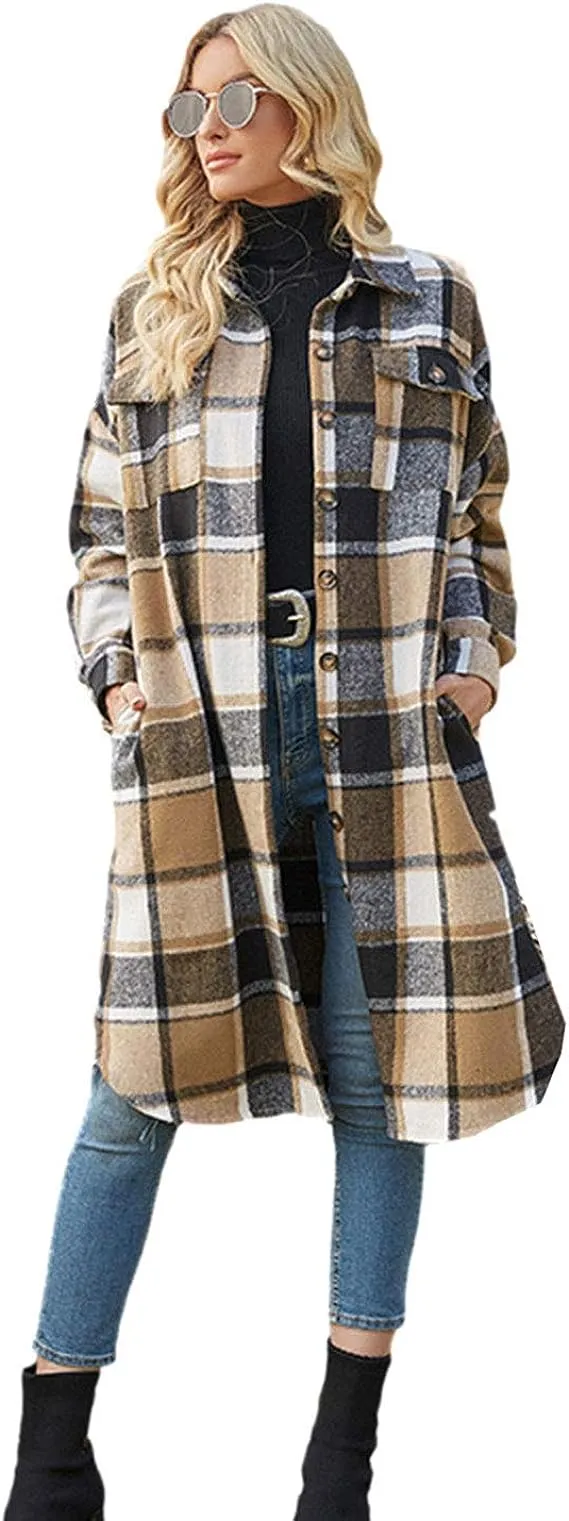 PUWEI Women&#039;s Casual Lapel Button Down Long Plaid Shirt Coat Tartan Shacket Jack