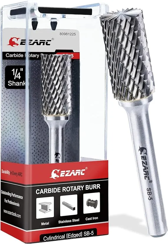 EZARC Tungsten Carbide Rotary Burr Bit, SB-5 Double Cut Carbide Burr 1/4" Shank Die Grinder Cutting Burrs Bit for Metal Working & Sturdy Storage Case