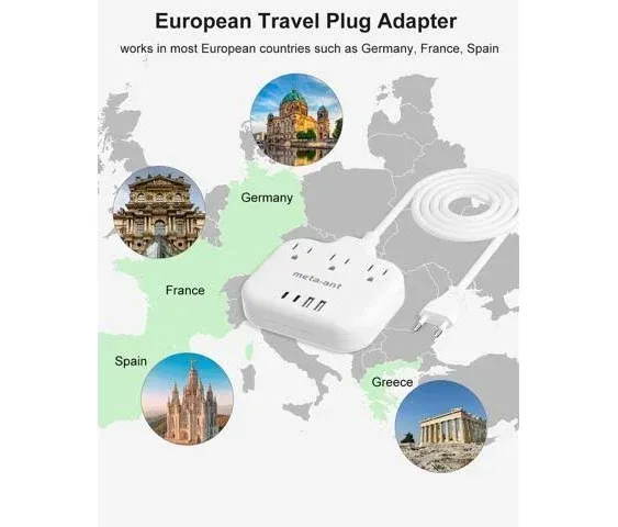 European Travel Plug Adapter, US to European Plug Adapter with 3 American Outlets & 4 USB, 5ft Europea Power Cord, International Travel Power Strip, Type C for Europe EU Germany France, Travel, White