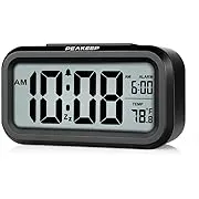 Peakeep Smart Night Light Digital Alarm Clock with Indoor Temperature, Battery Operated Desk Small Clock (Black)