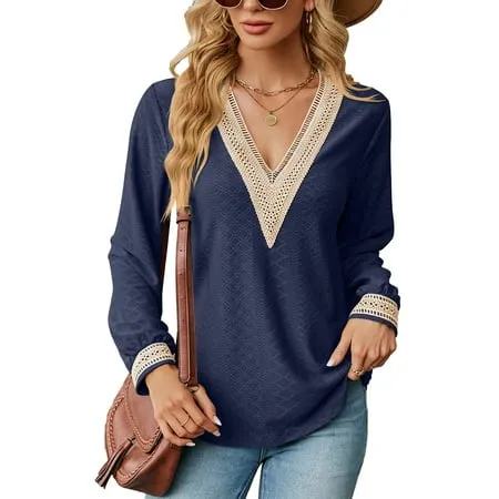 Anbech Deep V neck Women Blouse Guipure Lace Shirt Solid Color Splice Trendy Long Sleeve Casual Tops