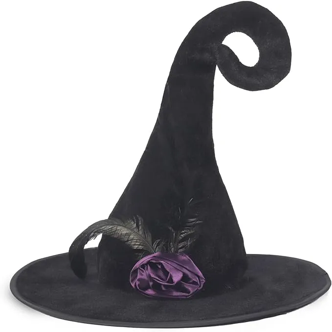 Skeleteen Deluxe Pointed Witch Hat - Glamorous Red Witches Accessories Fancy Satin Hat with Bow, Spiders and Black Feathers