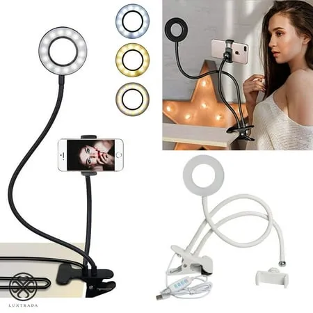 Luxtrada Selfie Light Cell Phone Holder for Live Stream/Makeup Mini Led Camera Ring light for YouTube Video/Photography Compatible with iPhone Xs Max XR Android (White)