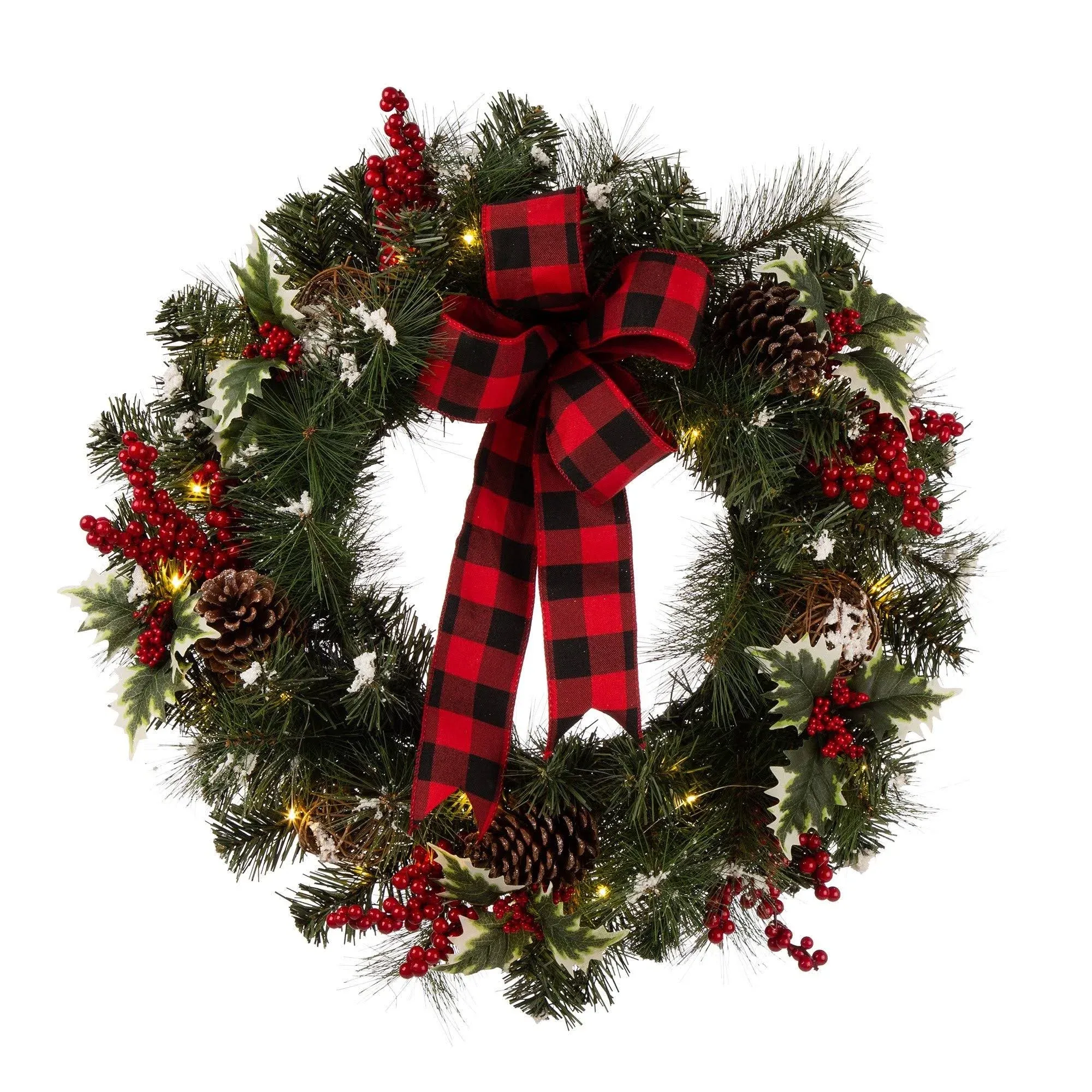 Glitzhome 24" LED Greenery Twig Ball Pinecones Holly Pine Wreath with Timer