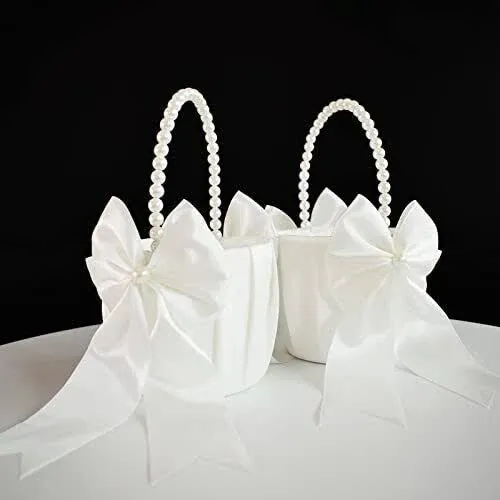 ATAILOVE 2 Flower Girl Baskets and Ring Bearer Pillow Set, Flower Girl Basket with Pearl Handle, Ivory Fariy Wedding Baskets for Flower GirlsATAILOVE 2 Flower Girl Baskets and Ring Bearer Pillow Set, Flower Girl Basket with Pearl Handle, Ivory Fariy Wedd