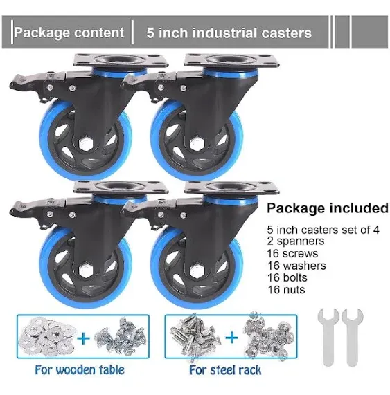 5 Inch Caster Wheels 2200Lbs, Heavy Duty Casters Set of 4 with Brake Safety Lock