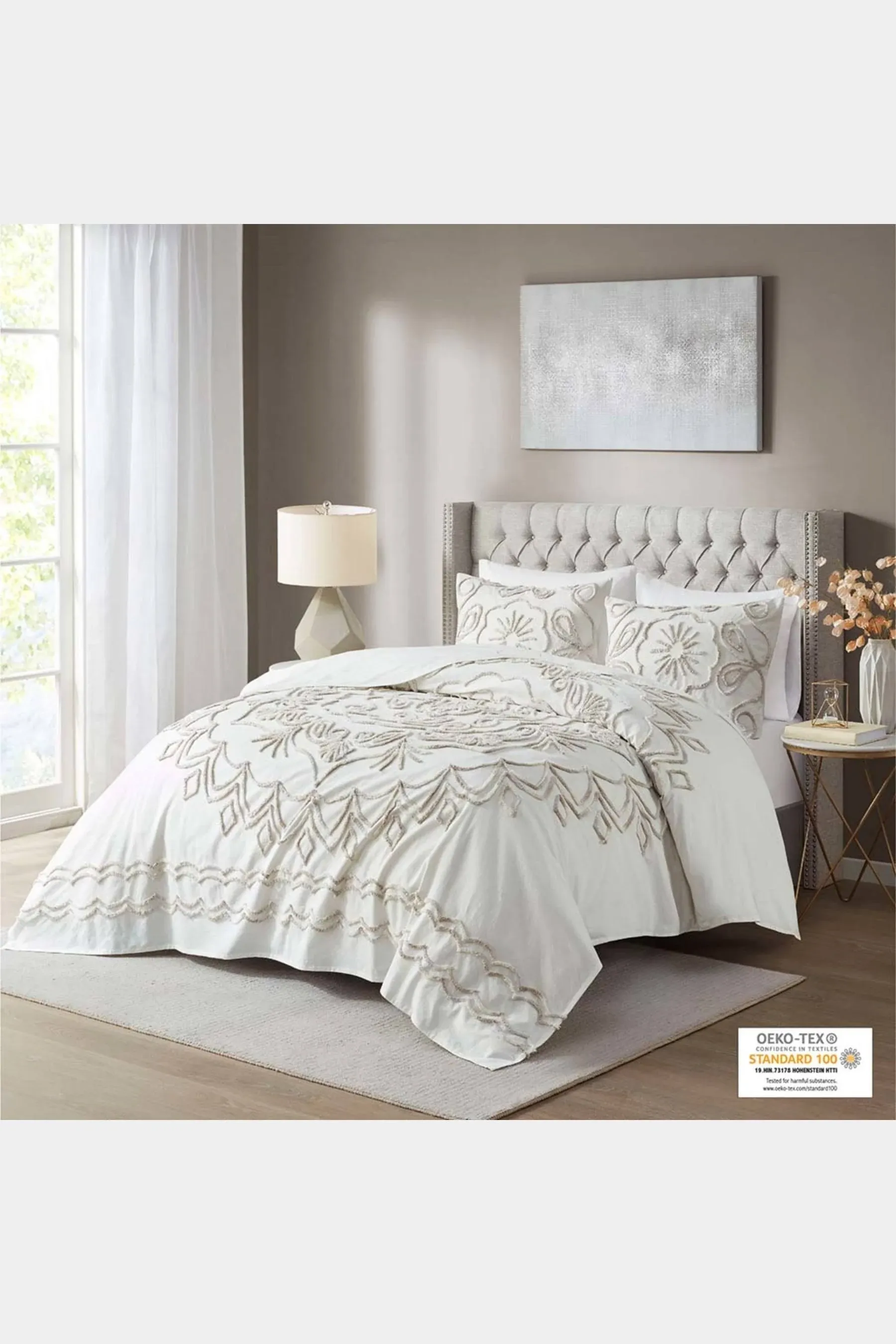 Madison Park Violette 3-Piece Tufted Cotton Chenille Coverlet Set in Ivory/Taupe