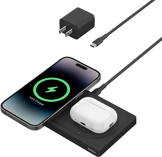 Belkin BoostCharge Pro 2-in-1 Wireless Charging Pad with MagSafe 15W, Fast Charging iPhone Charger Compatible with iPhone 14, 13, and 12 Series, AirPods, and Other MagSafe Enabled Devices - Black