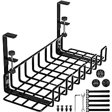 Under Desk Cable Management Tray, 16” No Drill Cord Organizer with Clamps for Wire Management, 4mm Sturdy Wire Desk Cable Organizer Tray, Cable Management Rack for Home & Office (Pack of 2)