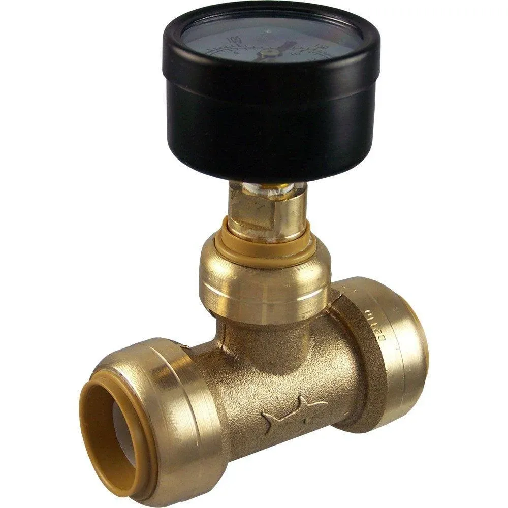 Sharkbite 24438 Brass Push-to-Connect Tee with Water Pressure Gauge 3/4"