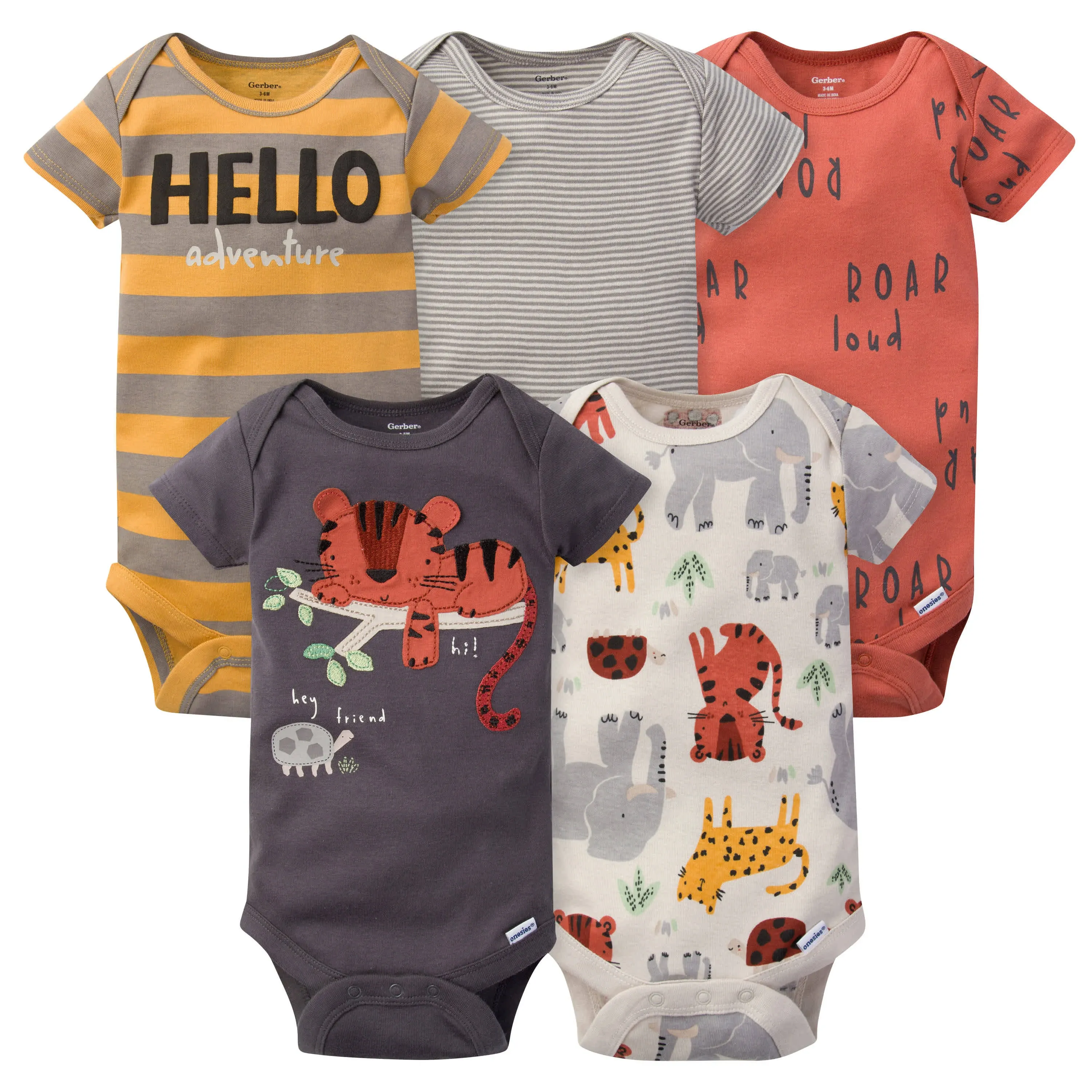 Gerber 5-Pack Baby Boys Safari Short Sleeve Onesies Bodysuits - 6-9mo