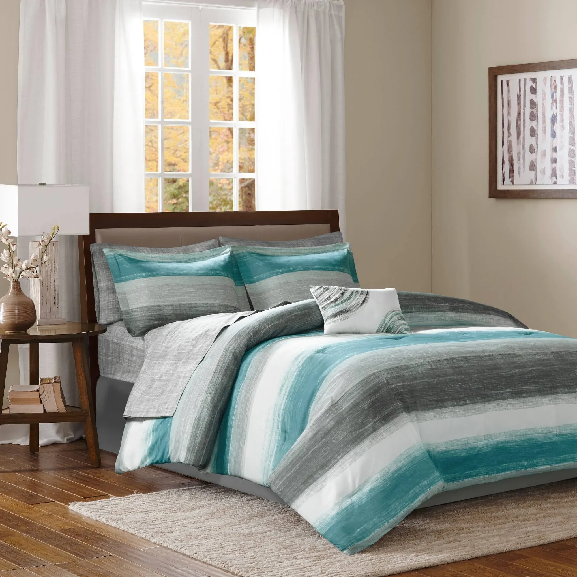 Madison Park Essentials Saben King Aqua 9 Piece Comforter Set With Cotton Bed Sheets