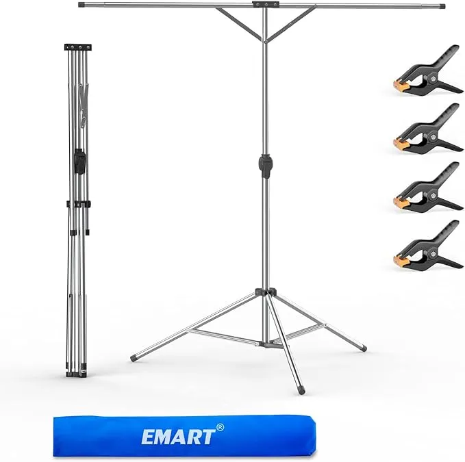 EMART 5.6x6ft Backdrop Stand, T Shape Portable Backdrop Stand Stainless Steel Background Stand Kit with 4 Clamps & Carry Bag, Photo Video Adjustable Stand for Photography, Wedding, Party, Zoom, Studio