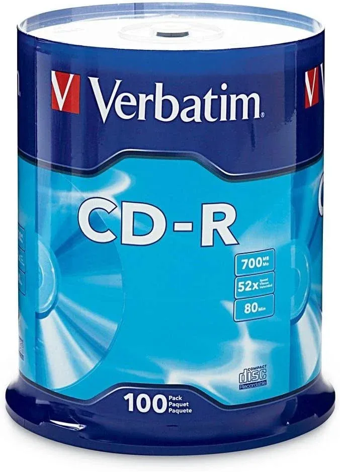 Verbatim CD-R Blank Discs 700MB 80 Minutes 52X Recordable Disc for Data and Music - 100pk Spindle