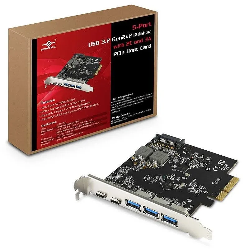 Vantec 5-Port USB 3.2 Gen2x2 (20Gbps) with 2C and 3A PCIe Host Card