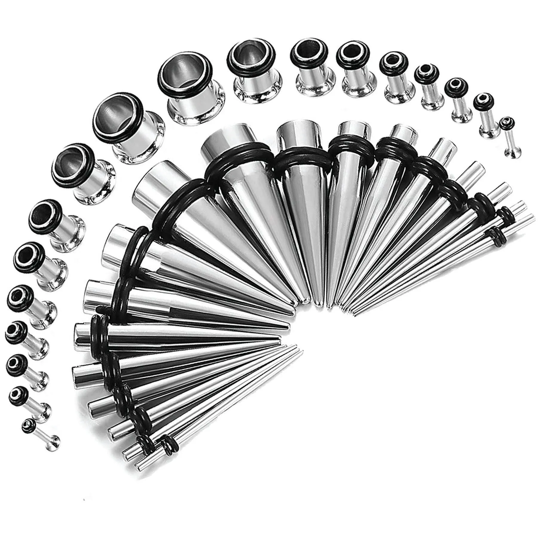 Silver Ear Stretching Kit Stainless Steel Tapers with Plugs Set Eyelet Tunnels Plugs (36 PCS) Ear Gauging Kit 14G-00G Ear Stretching Sizes