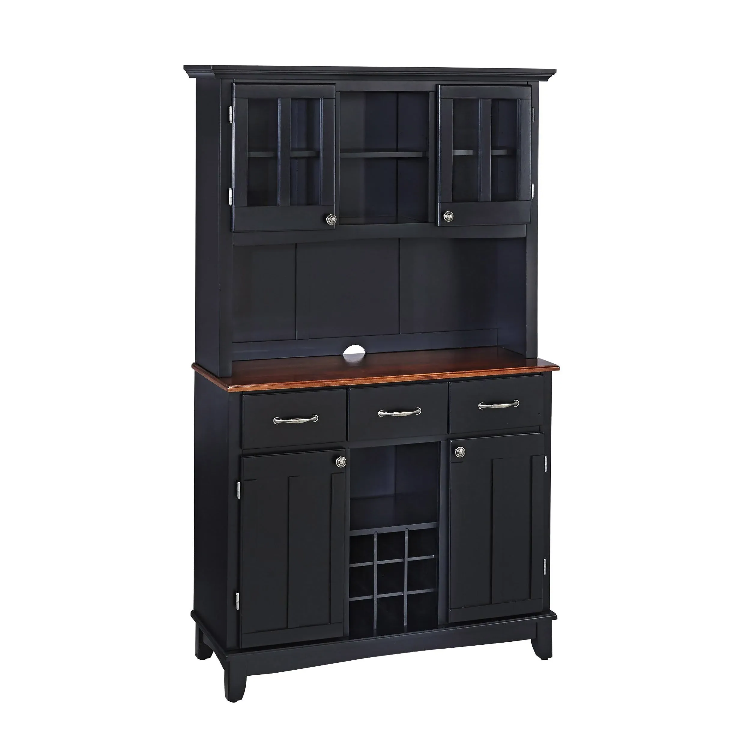 Home Styles Large Wood Buffet with Cherry Wood Top and 2-Door Hutch, Black