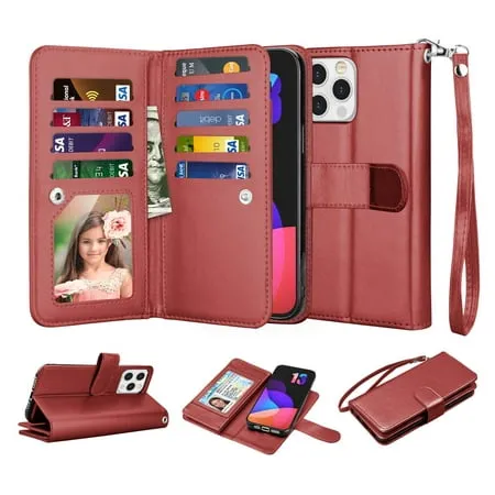 NJJEX Compatible with iPhone 13 Mini Case/iPhone 13 Mini Wallet Case 5.4" (2021), [9 Card Slots] PU Leather Credit Holder Folio Flip [Detachable] Kickstand Magnetic Phone Cover & Lanyard [Wine Red]