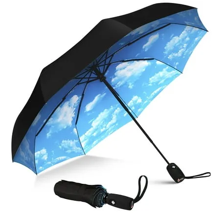 Repel Windproof Travel Umbrella Teflon Coated, Double Vented Canopy, UV Protection, Compact, Blue Sky