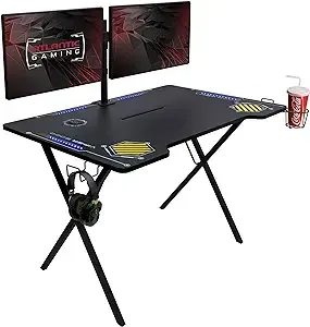 Atlantic Viper 3000 Gaming Desk – Single Laminated Surface, Heavy-Duty Steel X-Legs, Integrated LED, 3 USB 3.0 Ports, Smart Device Slot, Surge Protector Tray, Headset Hooks, PN 33906164 - Black