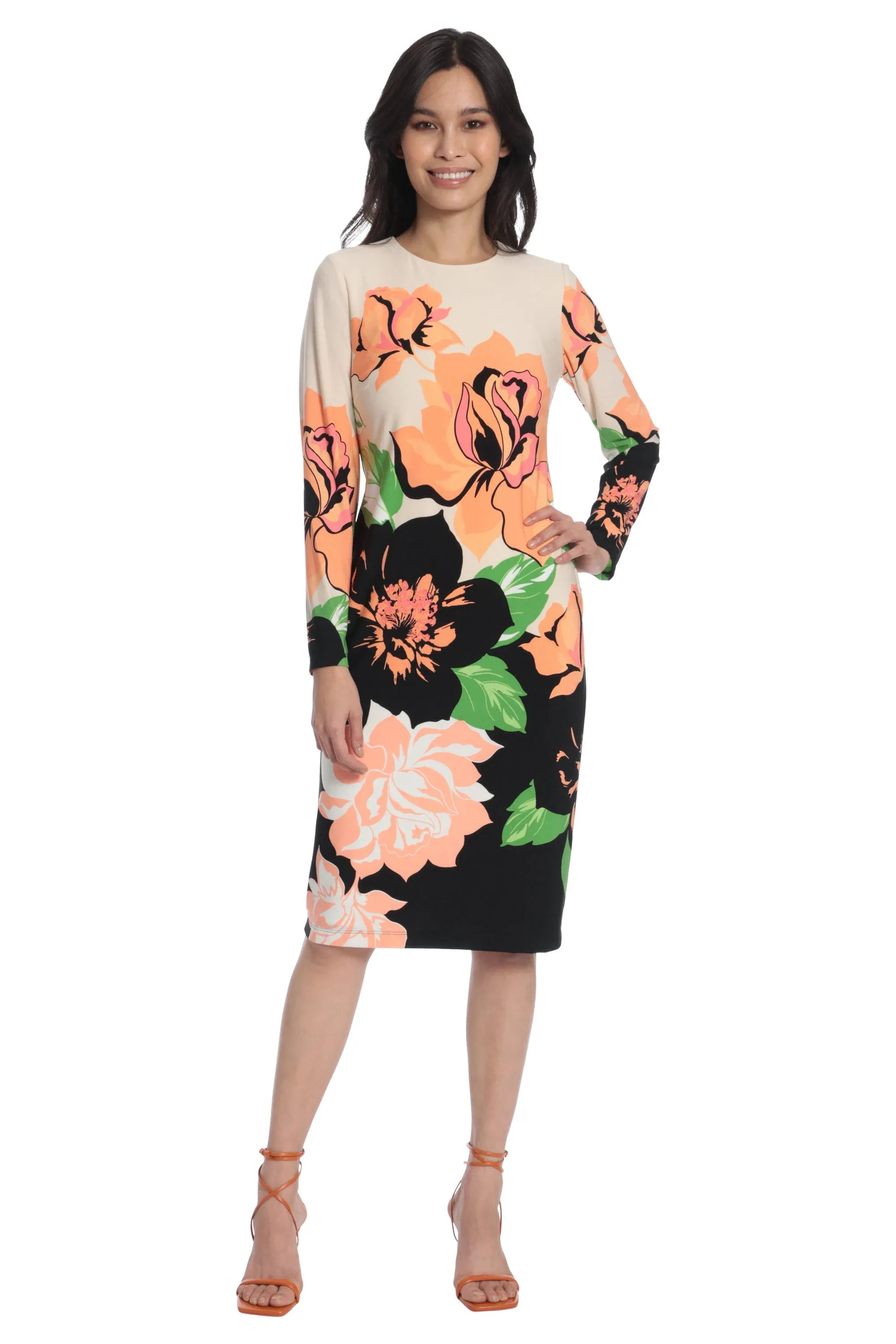 Maggy London Women's Midnight Rose Printed Long Sleeve Midi Sheath Dress