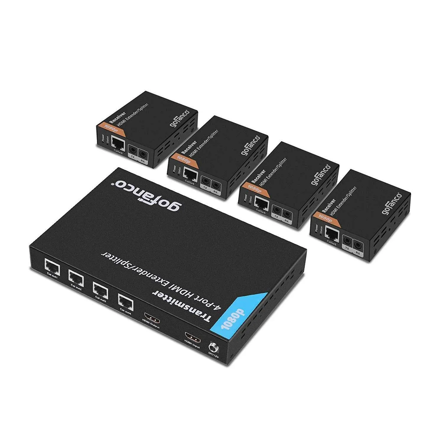 gofanco Prophecy 1080p 1x4 HDMI Extender Splitter Over Cat5e/Cat6/Cat7 Ethernet Cable with HDMI Loopout - Up to 50m/165ft - EDID Management, Bi-Directional IR Control, 1 in 4 Out (HDExt4P-Pro)