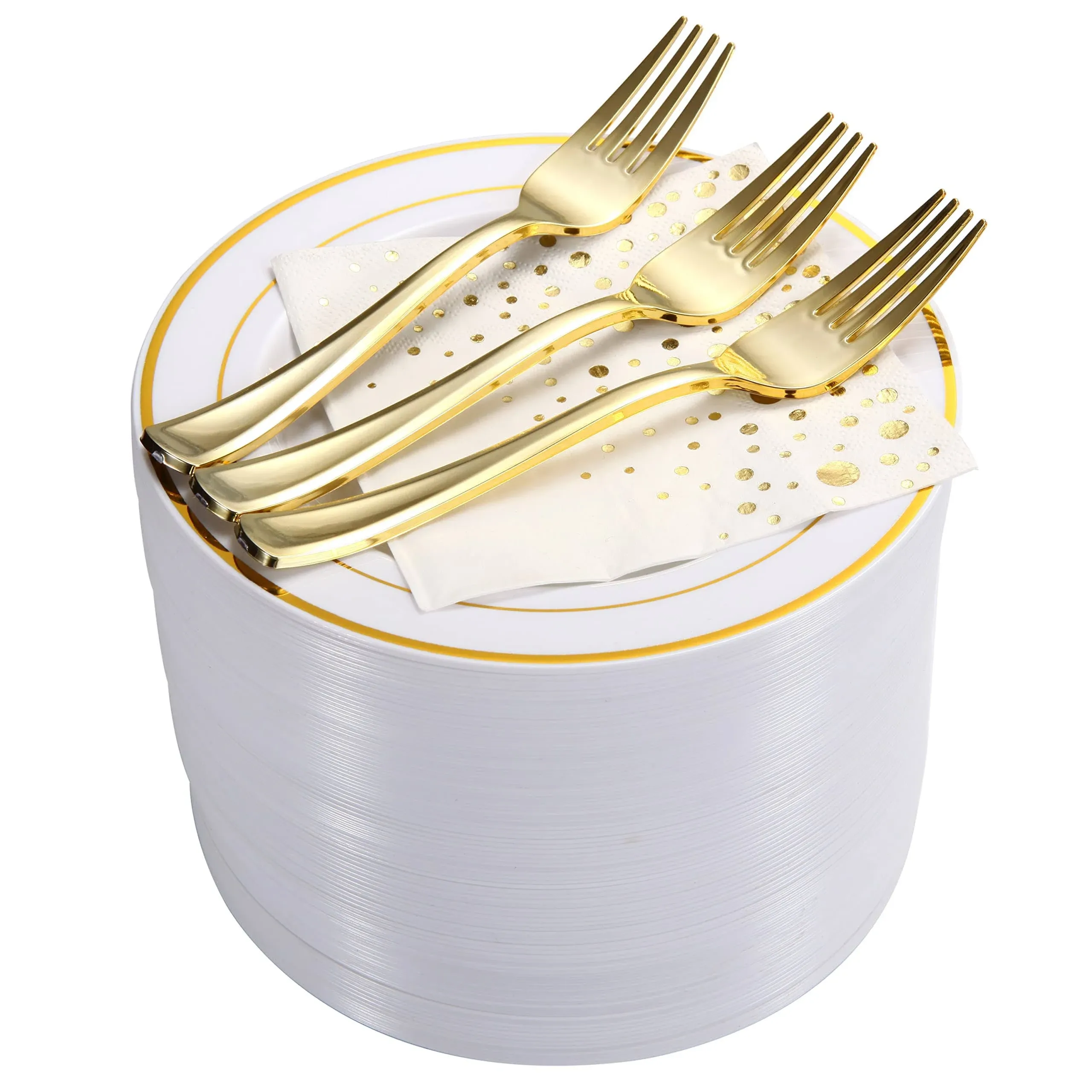 Stylish Gold Dessert Plate, Forks and Cocktail Napkins, 100 Disposable Holiday Appetizer Plates, 7.5 Inch Gold Plastic Dessert Plates, Gold Cake Plates, Christmas Cocktail Plates, Wedding Cake Plates