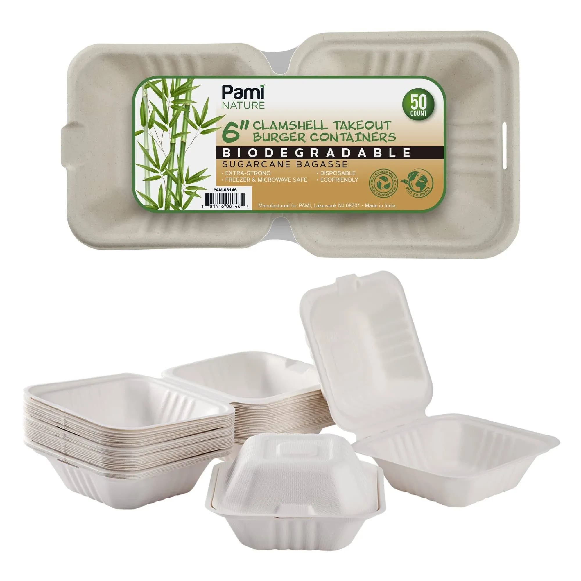 Compostable 6x6 50 Pack Clamshell Take Out Food Containers