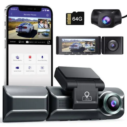 AZDOME 3 Channel Dash Cam with 4K WiFi , Dual Front and Rear for Car 4K+1080P Free 64GB Card, Built-in GPS 24H Parking Mode IR Night Vision WDR 3.19" IPS, Max up Support to 256GB, Easy to Install