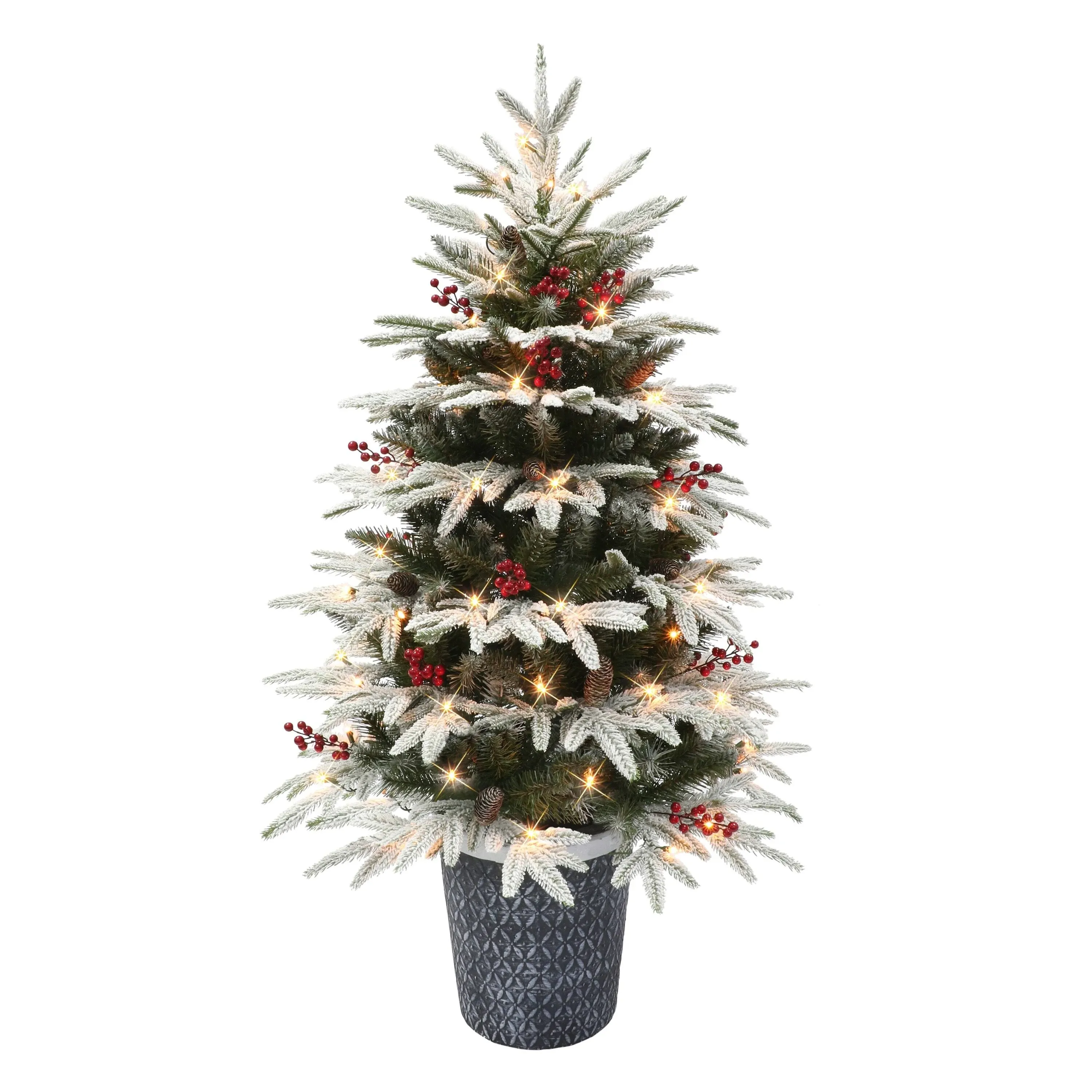 4.5 ft Pre-Lit Potted Flocked Halifax Fir Tree 739 Tips 70 UL Clear Incandescent ...