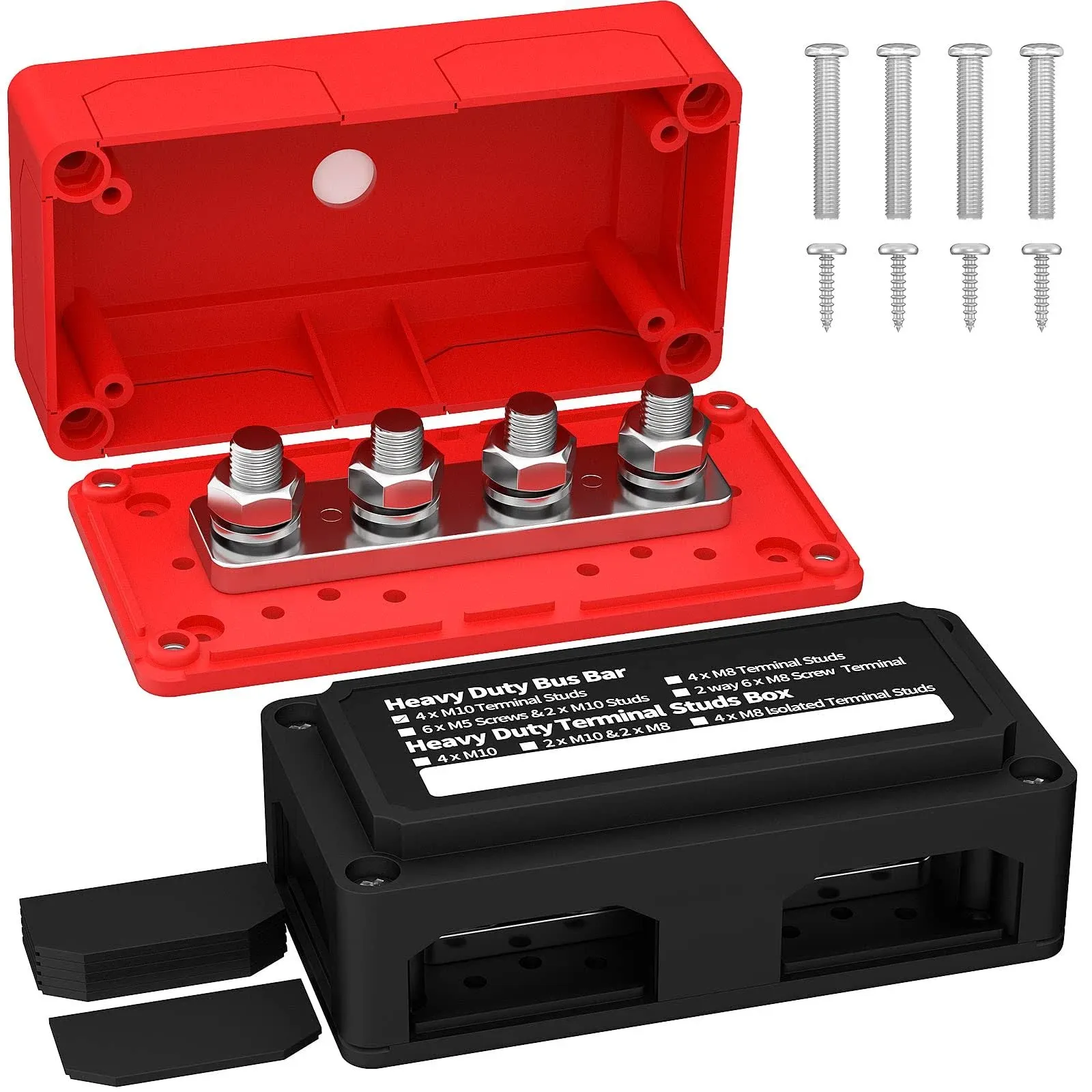 Joinfworld 300A Bus Bar 12V DC Waterproof Power Distribution Block 3/8" (M10) 4 Studs Heavy Duty Busbar Terminal Block 12 Volt for Marine Boat Car Solar -Positive&Ground