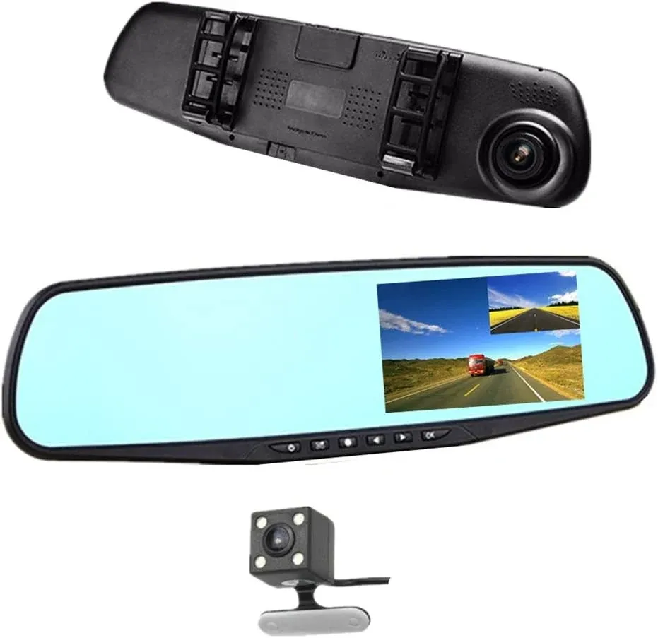 Car DVR Rear View Mirror Video Recroder 4.3" inch Back Up Car Camera Dual Lens Cam Night Vision Front and Rear Backup Reverse Security for Car