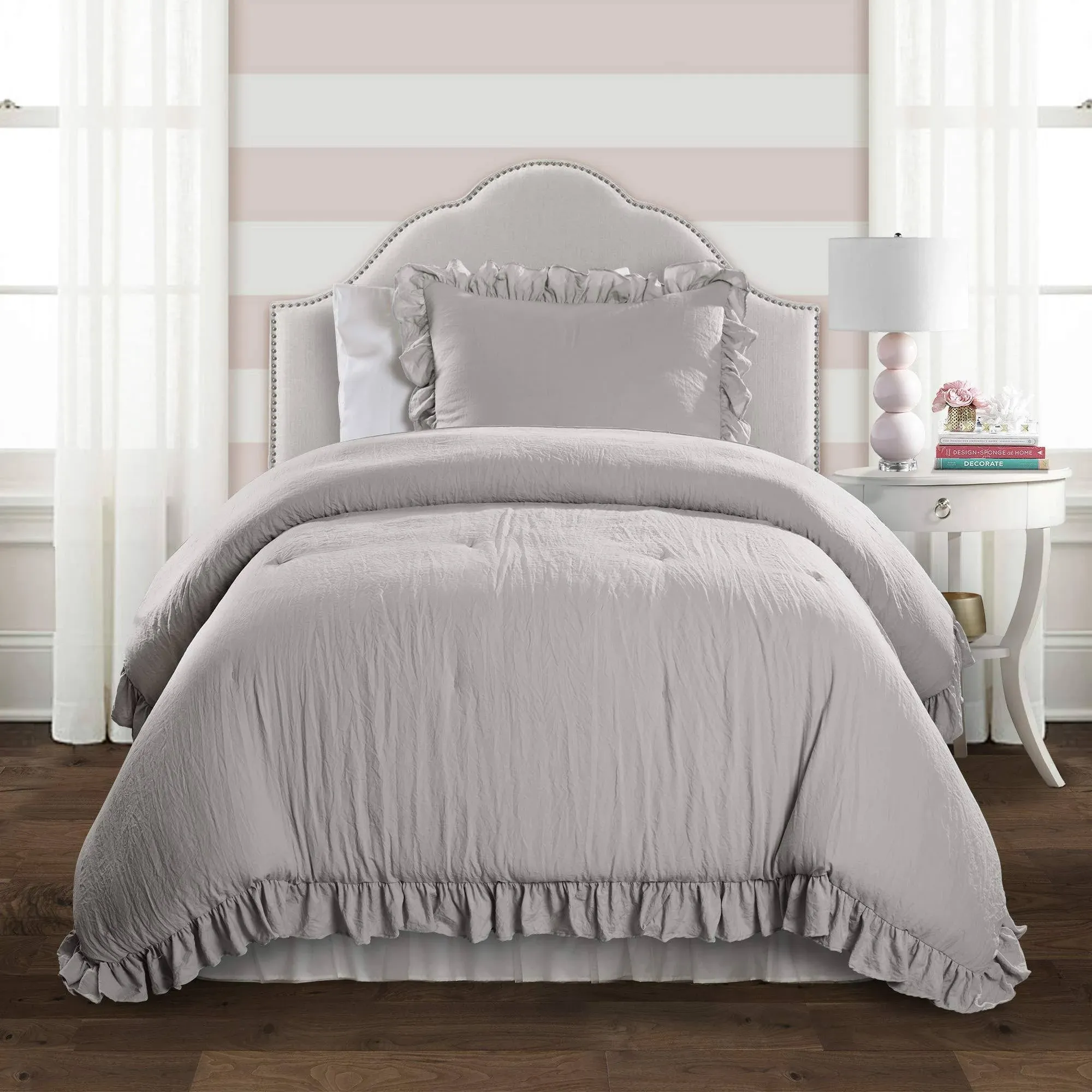 Lush Decor Comforter Set Full/Queen Ruffled Border Polyester Light Gray 3-Piece