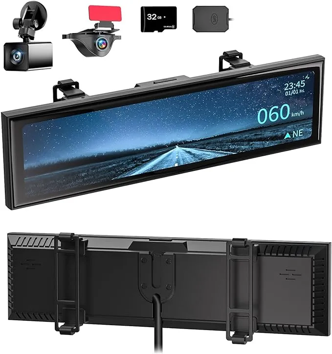 AKEEYO NV-X Super Night Vision Rear View Mirror Camera 12-inch Touch Screen Smart Mirror Dash Cam Front Rear BSD HDR/WDR, Parking Monitoring, G-Sensor & Loop Recording, Free 32GB Memory Card & GPS