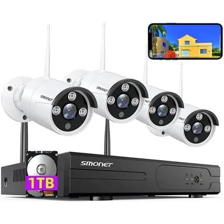 SMONET 3MP Wireless Security Camera System with 1TB HDD, 4Pcs 8 Channel WiFi Surveillance NVR Kits, Indoor Outdoor CCTV Cameras System,Clearer than 1080P,Night Vision,AI Human Detection with Audio