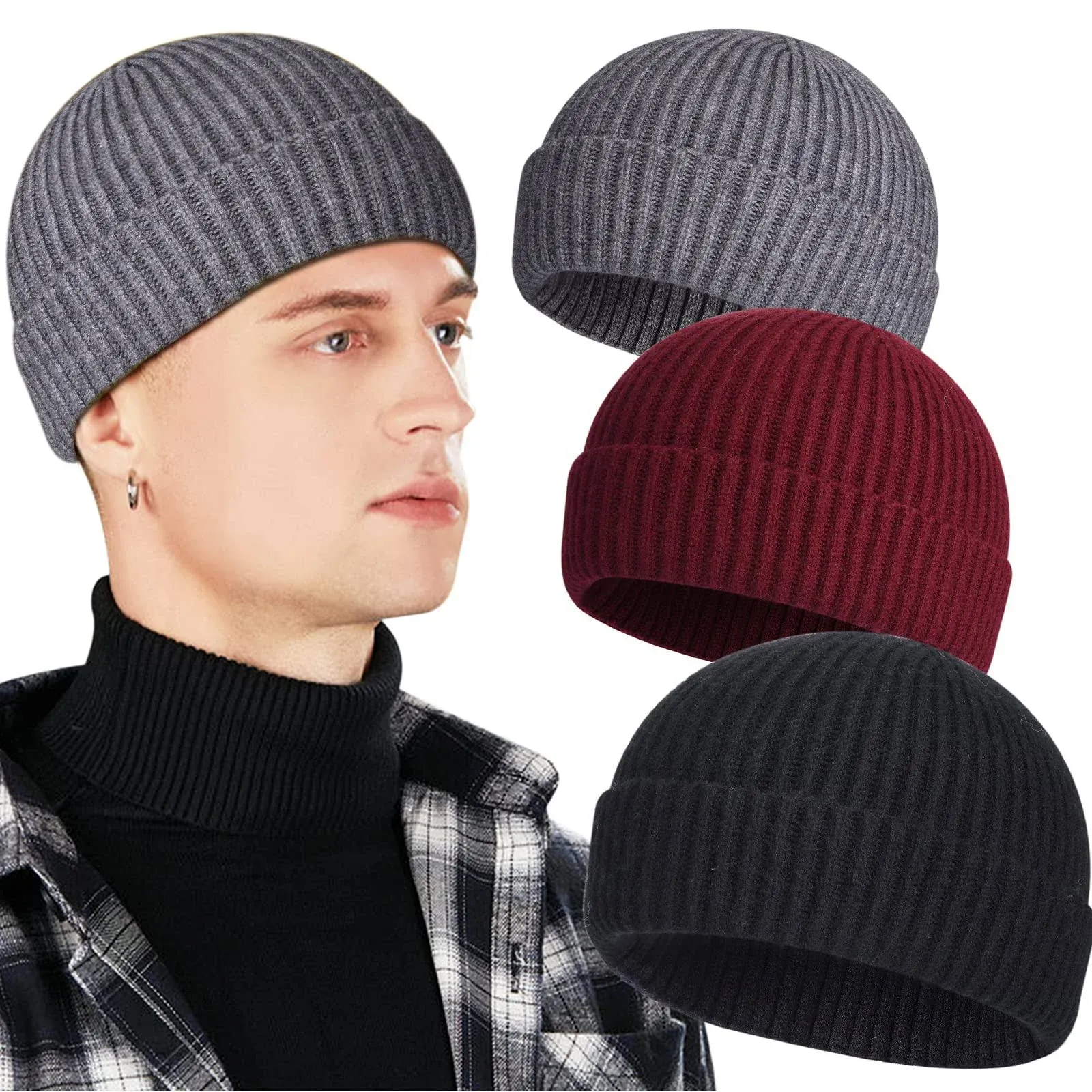 Heniho 3 Pack Wool Fisherman Beanies for Men, Short Knit Watch Cap Cuffed Trawler ...