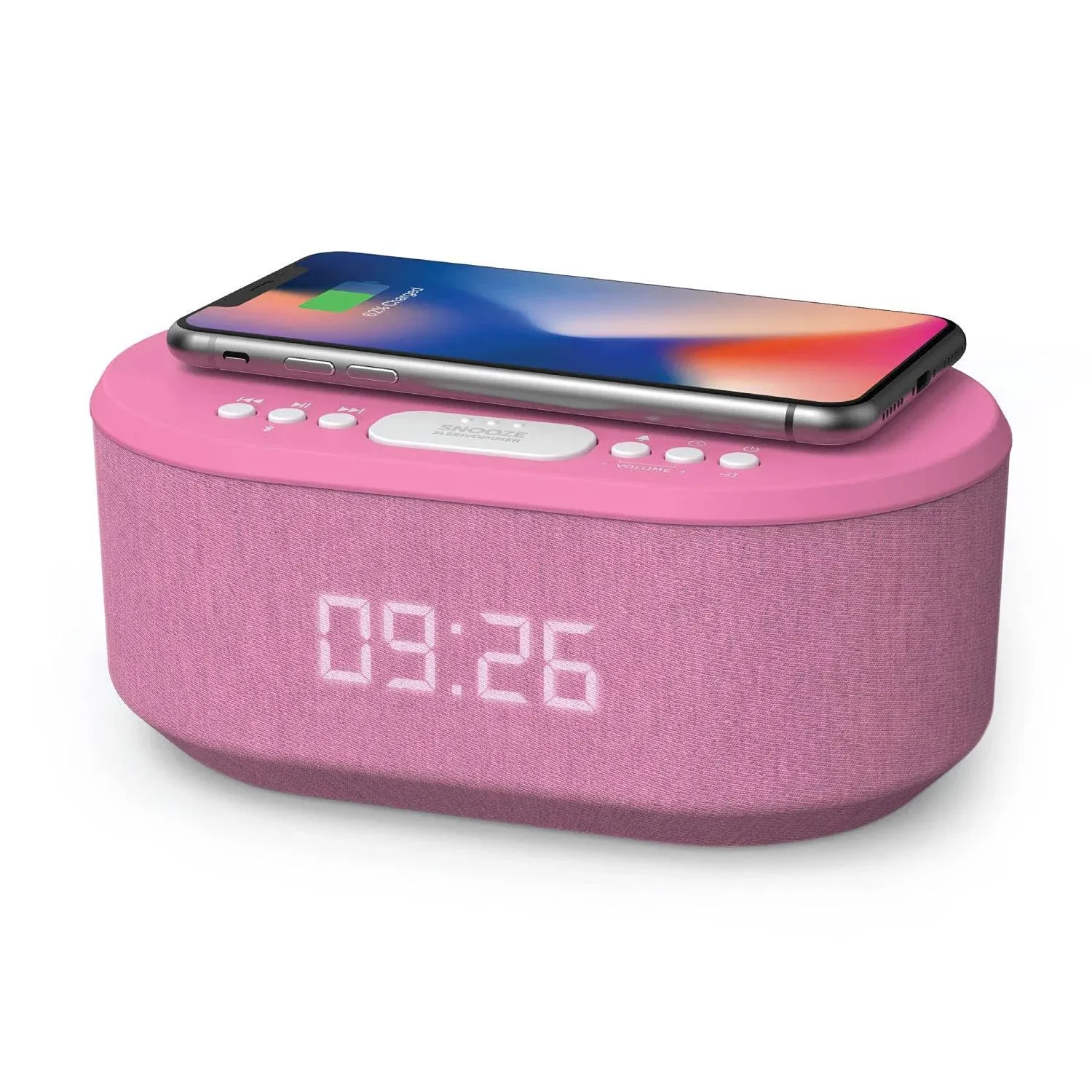 I-Box Bedside Radio Alarm Clock with USB Charger, Bluetooth Speaker, Qi Wireless Charging, Dual Alarm & Dimmable LED Display (Pink)