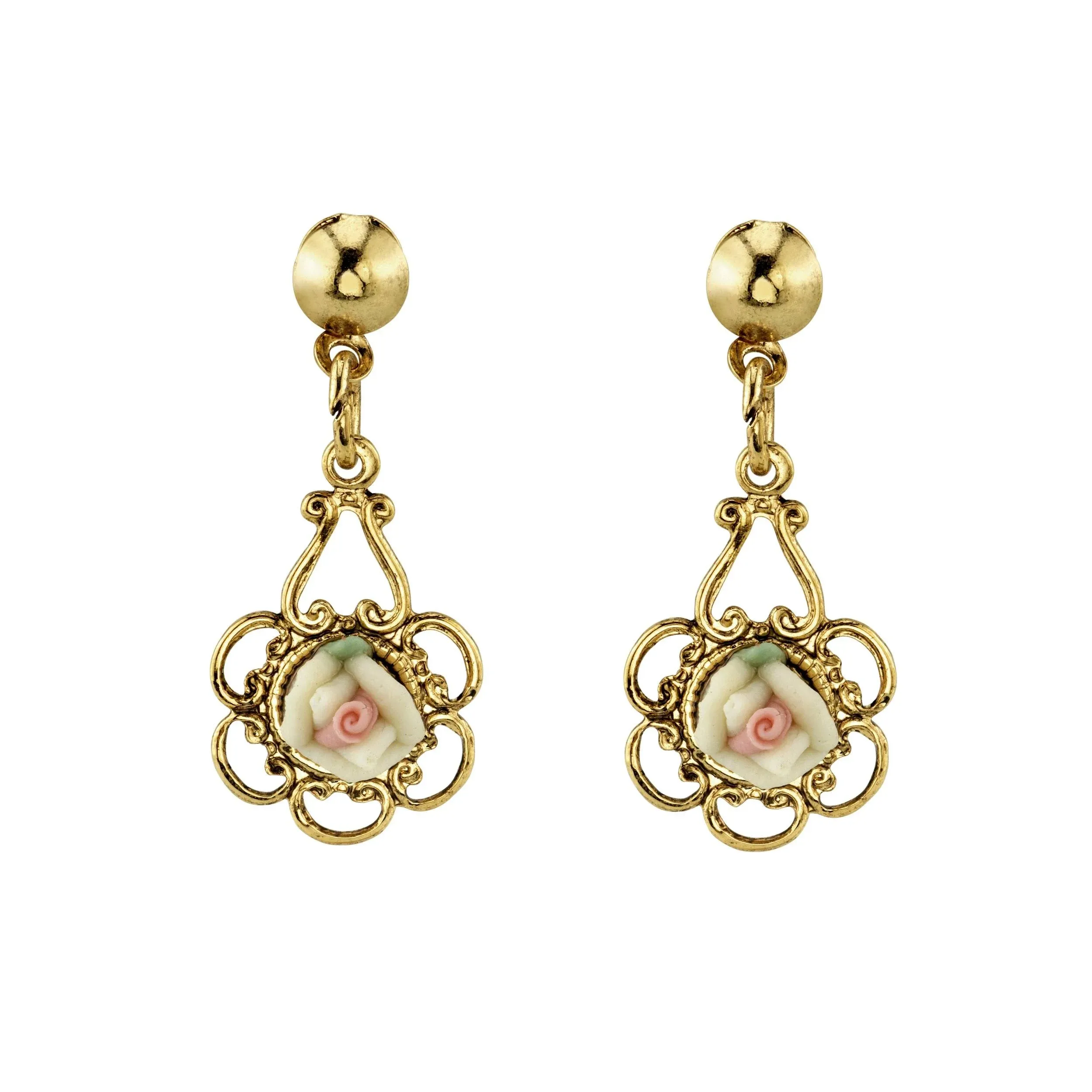 Gold-tone Ivory Color Porcelain Rose Drop Earrings In White