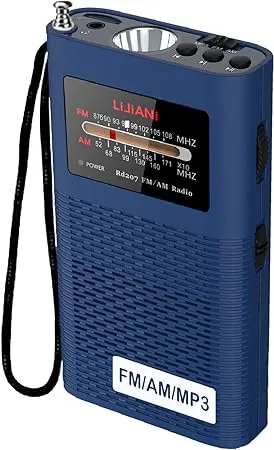 Portable Backlit AM/FM Radio MP3 Player Pocket Transistor with Flashlight 2200mah Battery Operated, Long Antenna Best Reception, Powered Replaceable,Bass,TF Card Player,Easy Tuning at Night(Blue)