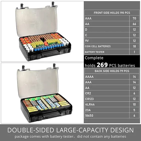 Battery Organizer Storage Holder Box Case with Tester- 269 Batteries Double-Side